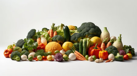Composition with variety of fresh vegetables on white background. Balanced dietの素材