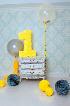 Decorated number 1 for a birthday. Happy birthday one yearの写真素材