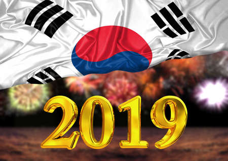 2019 new year, behind the flag of South Korea, background fireworks. national new year celebrationの写真素材