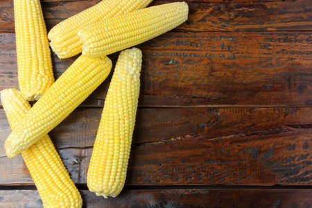 Corn cob, fresh, harvested from plantation on rustic wooden table. space for text. Top view