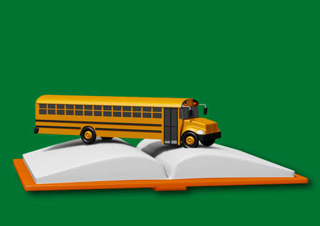 school bus over book isolated on blue background. Back to school concept. 3D rendering.の写真素材
