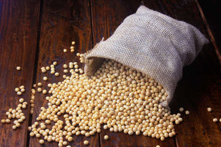 raw and fresh soy beans in rustic fabric bag on wooden tableの写真素材