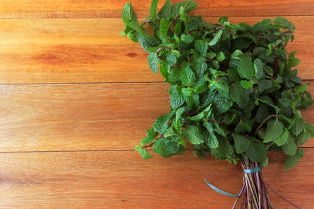 Group of fresh organic green mint on rustic wooden table. Aromatic peppermint with medicinal and culinary uses. top viewの写真素材
