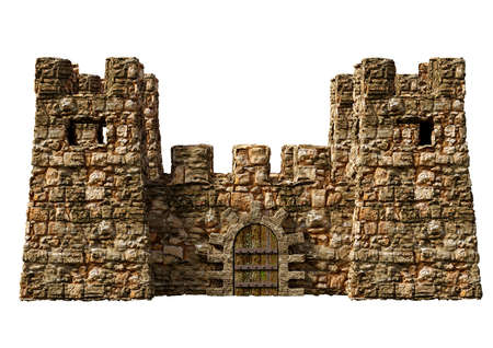 Realistic medieval fortress castle with towers for surveillance isolated over white background. 3D renderingの写真素材