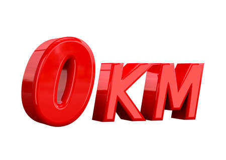 0 kilometer lettering on white background. 0km is the designation of new cars that have not yet...