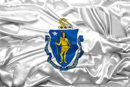 Flag of Massachusetts state of United States of America on soft and smooth silk texture. 3D renderingの写真素材