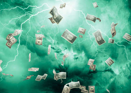 dollar rain in the middle of a storm. Financial and stock market concept. Front viewの写真素材