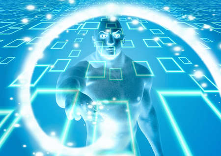 male robotic figure playing on screen in the virtual world. Concept of technological advancementの写真素材