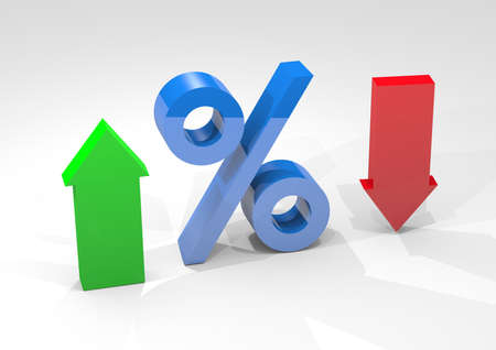Percentage interest with arrows indicating high and low percentages isolated on white background. Financial Market Conceptの写真素材