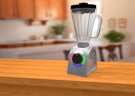 blender on wooden table inside residential kitchen. Front viewの写真素材