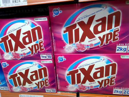 RIO DE JANEIRO, BRAZIL - DECEMBER 27, 2019: Boxes of Tixan Ype soap powder on the Brazilian supermarket shelf. It is a Brazilian brand of hygiene and cleaning products.のeditorial素材