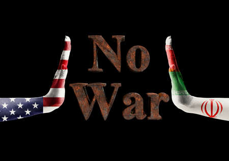 Usa x iran conflict, protest message, No War, against imminent war between these nations. 3D...