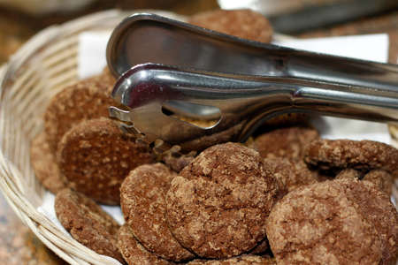 closeup homemade chocolate cookies in basket. Selective focus