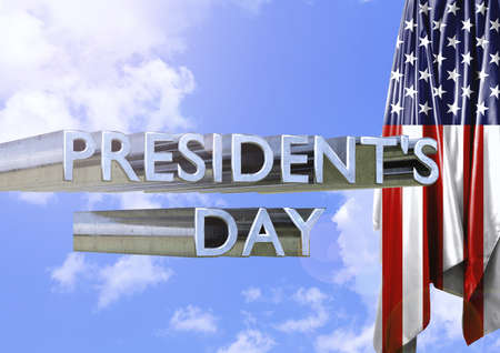 President's Day celebration lettering in sunny sky with raised USA flag. 3D renderingの写真素材