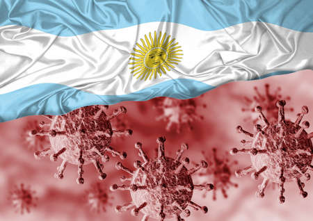 enlarged coronavirus, covid-19 under the flag of Argentina. Pandemic of respiratory disease. 3D renderingの写真素材