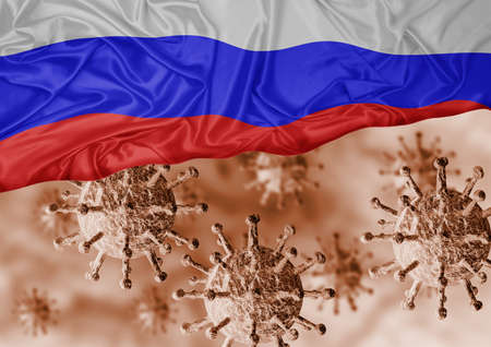 enlarged coronavirus, covid-19 under the flag of Russia. Pandemic of respiratory disease. 3D renderingの写真素材