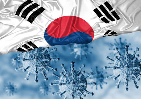 enlarged coronavirus, covid-19 under the flag of South Korea. Pandemic of respiratory disease. 3D renderingの写真素材