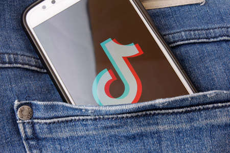 Rio de Janeiro, Brazil - February 14, 2020: Logo TikTok on the Moto G5s Plus smartphone screen, in...