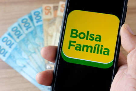 Rio de Janeiro, Brazil - September 5, 2020: Logo Bolsa FamÃ­lia. Financial aid given by the Brazilian Federal Government to low-income families. Brazilian assistance programのeditorial素材