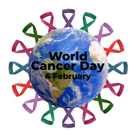 World Cancer Day banner. Planet earth surrounded by symbolic ribbon. Prevention campaign. 3D renderingの写真素材
