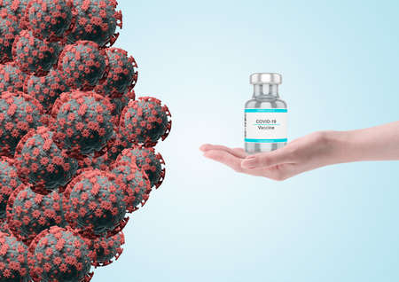 Hand holding bottle of vaccine against coronavirus, which causes Covid-19. 3D rendering