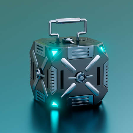Hi-tech futuristic sci-fi box container isolated on metallic background. concept of military...