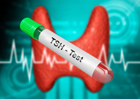 Blood sample tube for testing thyroid stimulating hormone. TSH test. 3D rendering