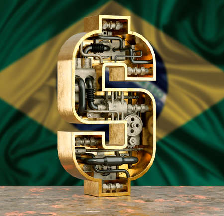 monetary symbol or dollar sign with gears over Brazil flag. Brazilian economy and business concept. 3D renderingの写真素材