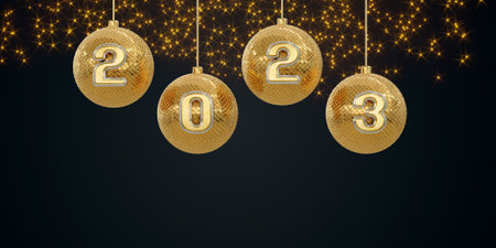 Happy New Year 2023 black poster, golden ball and letter. New Year background. Copy space. 3D...