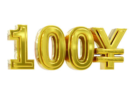 Golden 100 yen sign isolated on white background. Official currency of Japan. 3d rendering