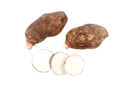Brazilian potato known as yam isolated on white background. Also known as Alocasia, Colocasia, Xanthosoma. top viewの写真素材