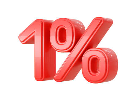 Red 1 percent discount, mathematical, financial and statistical symbol isolated on white background. Special Offer, Sale Up to Off, Banner, Advertising. 3D renderingの写真素材