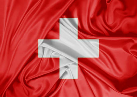 National flag of Switzerland hoisted outdoors. Switzerland Day Celebration. 3D renderingの写真素材
