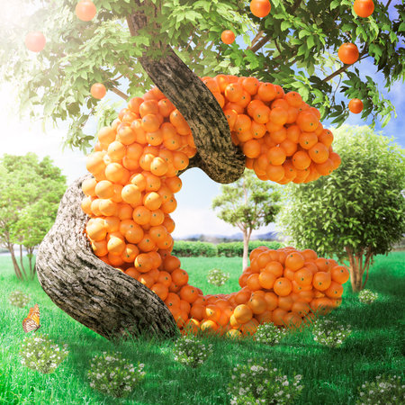 Vitamin C letter on orange tree in outdoor landscape. Health concept with ascorbic acid and citrus fruit for advertising and product label. 3D illustrationの写真素材
