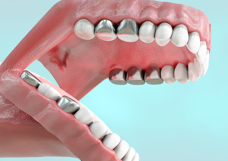 metallic crown prosthesis replacing natural human tooth. 3D illustration