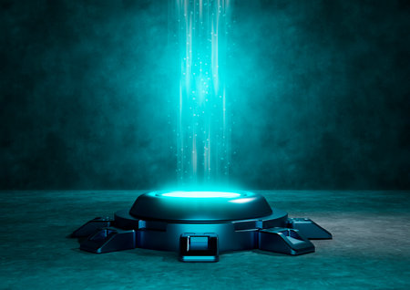 Futuristic neon light pedestal for product presentation mockup. Sci-fi product podium showcase in empty spaceship room. 3D illustrationの写真素材