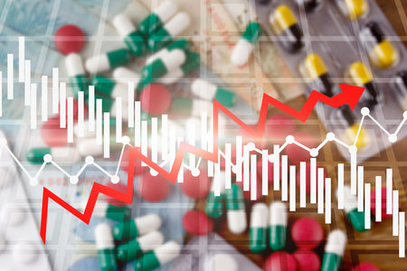 Economic crisis in the price of medicines. Financial collapse, drop in stock value. Graph falling....