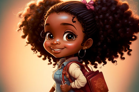 Little african american girl cartoon smiling illustration with backpack going to school. AI generated. school education conceptの素材