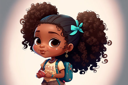 Little african american girl cartoon smiling illustration with backpack going to school. AI generated. school education conceptの素材