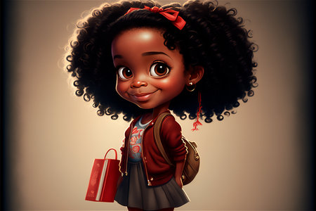 Little african american girl cartoon smiling illustration with backpack going to school. AI generated. school education conceptの素材