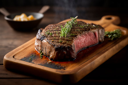 juicy grilled steak with herbs and spices on rustic cutting board. Barbecue. AI generated. closeup viewの素材