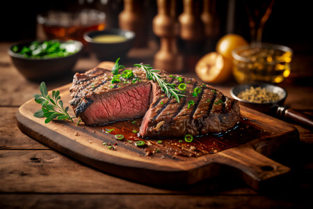 juicy grilled steak with herbs and spices on rustic cutting board. Barbecue. AI generated. closeup viewの素材