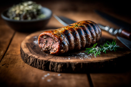 homemade sausage grilled with herbs on rustic wooden table. AI generated. front viewの素材