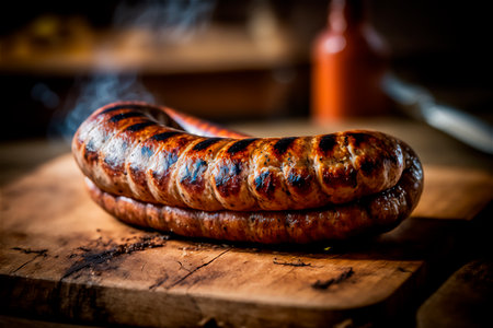 homemade sausage grilled with herbs on rustic wooden table. AI generated. front viewの素材