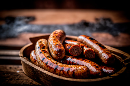 homemade sausage grilled with herbs on rustic wooden table. AI generated. front viewの素材