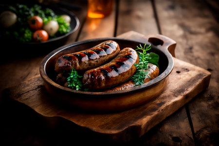 homemade sausage grilled with herbs on rustic wooden table. AI generated. front viewの素材