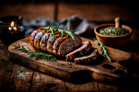 homemade sausage grilled with herbs on rustic wooden table. AI generated. front viewの素材