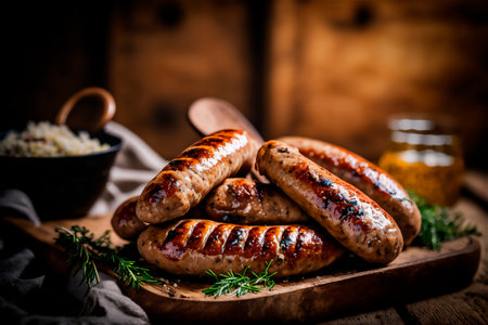 homemade sausage grilled with herbs on rustic wooden table. AI generated. front viewの素材