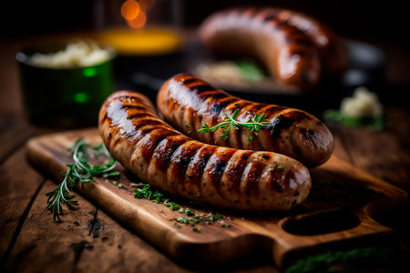 homemade sausage grilled with herbs on rustic wooden table. AI generated. front viewの素材