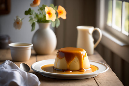 Homemade creamy condensed milk pudding topped with caramel sauce on white plate over rustic wooden table. AI generated. front viewの素材